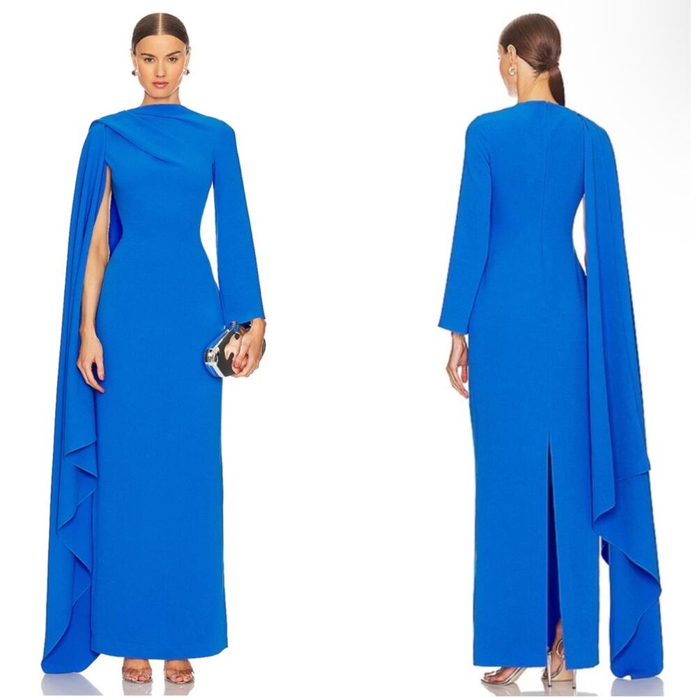 SOLACE LONDON Lydia Asymmetric Draped Ruched Long Sleeve Blue Maxi Dress Sz 2